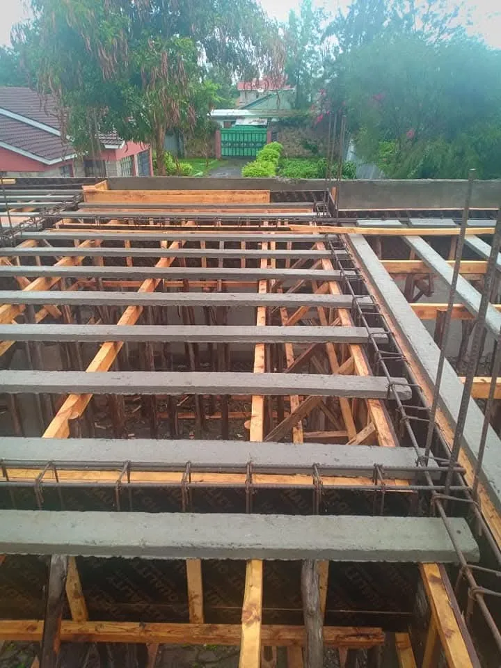 Pre-stressed slab beams and formwork during installation
