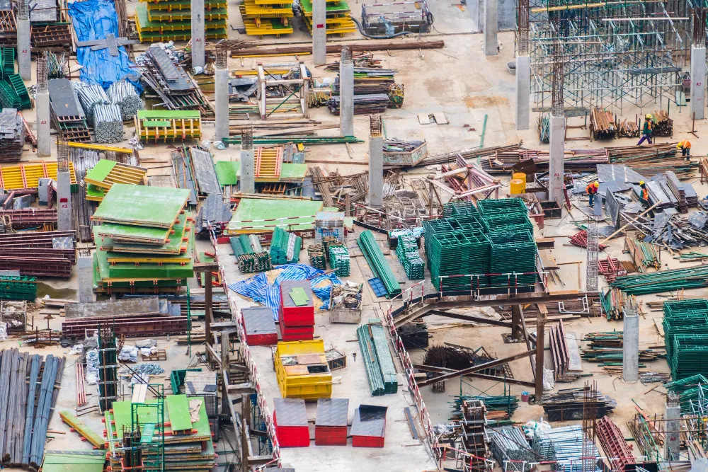 Construction materials organized for building-site supply